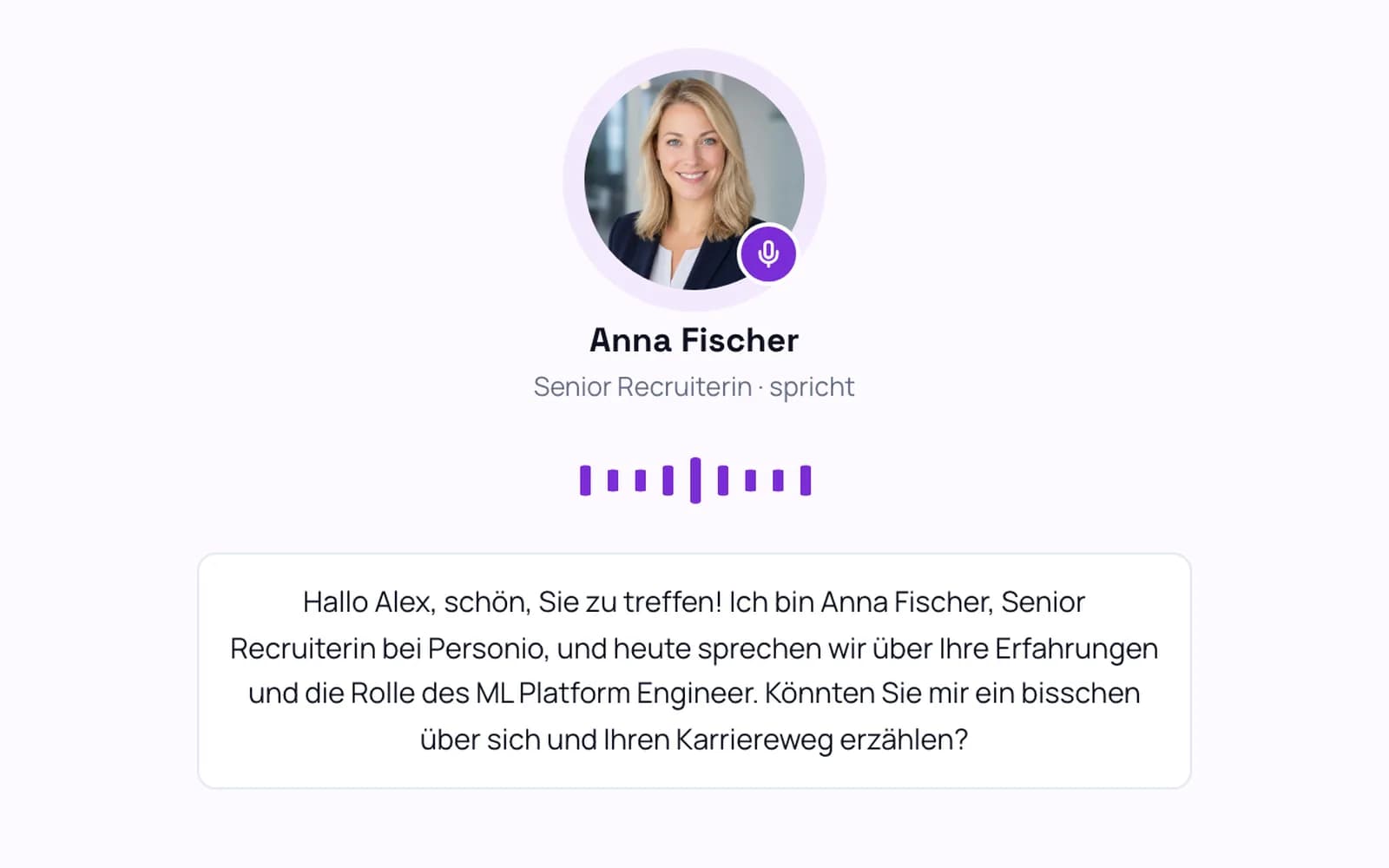 Eine Live-Interviewsimulation: die KI-Recruiterin spricht, geantwortet wird laut