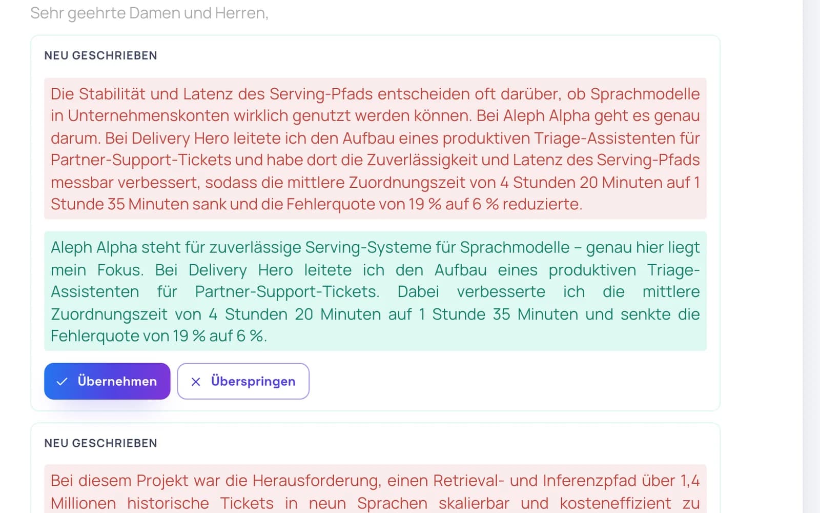 Ein Anschreiben mitten in der Überarbeitung: der neue Absatz grün über dem ursprünglichen in Rot, jeder einzeln annehmbar