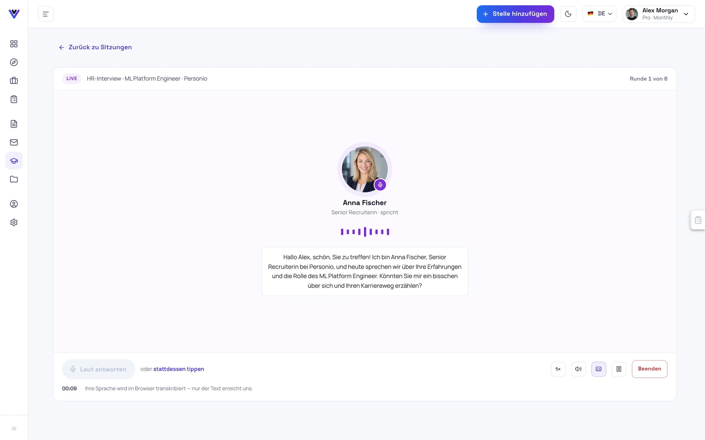 Eine Live-Runde per Sprache: die KI-Recruiterin spricht