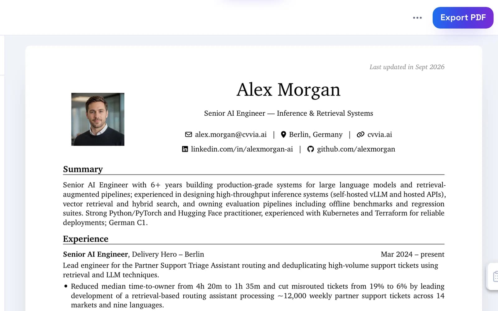 A tailored CV rendered as a real A4 page in the editor, with the export button above it