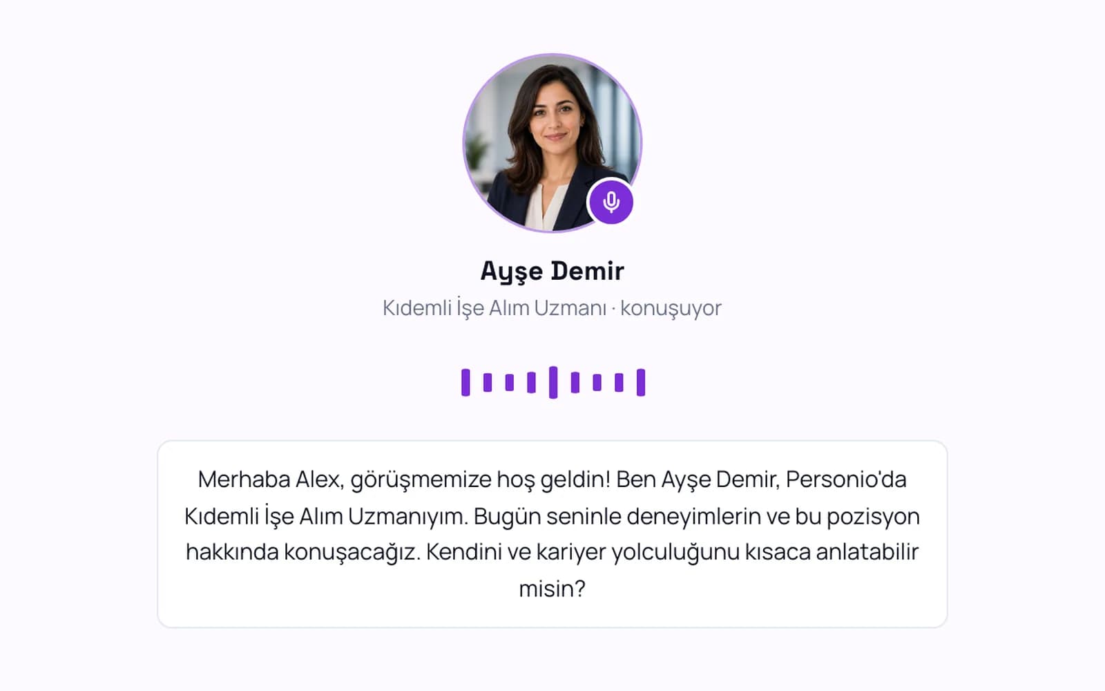 Canlı mülakat simülasyonu: yapay zekâ İK görevlisi konuşuyor, cevap sesli veriliyor