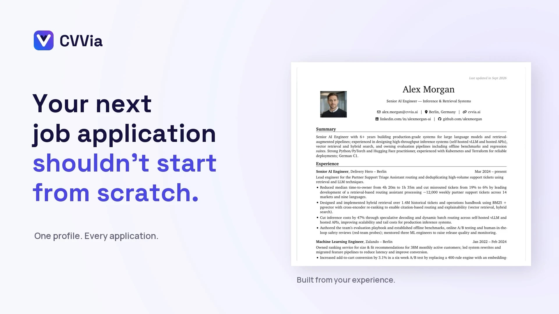 Opening card of the CVVia product tour: “Your next job application shouldn’t start from scratch.”
