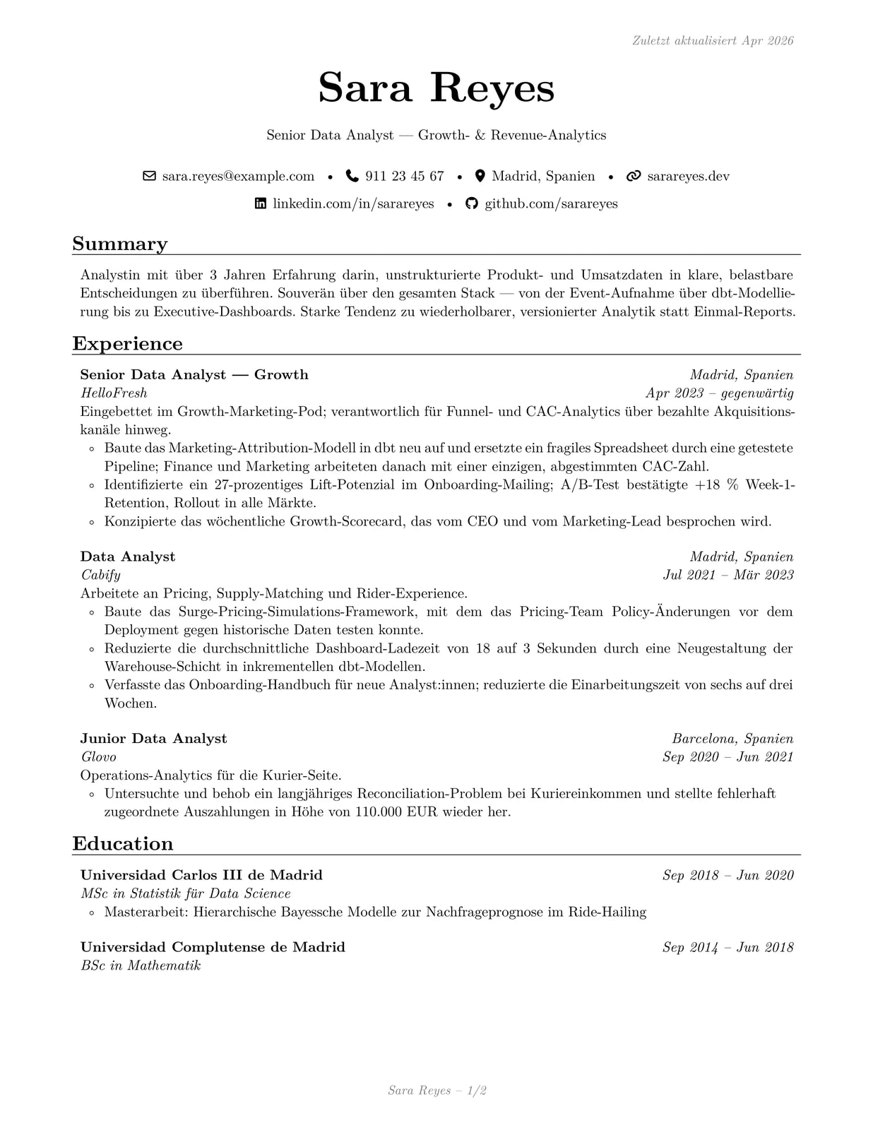 Data Analyst sample CV — sb2nov theme