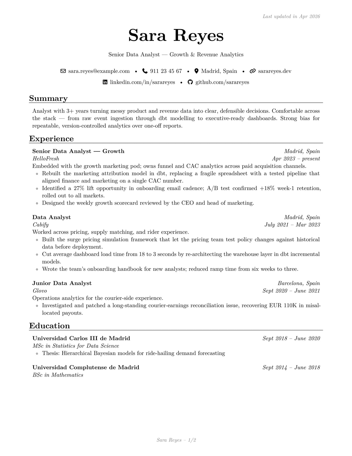 Data Analyst sample CV — sb2nov theme