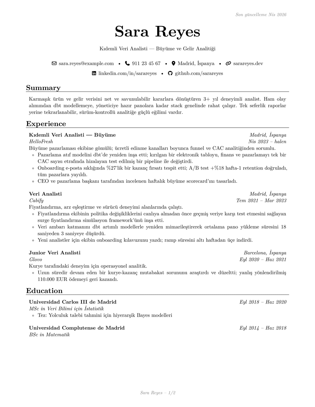 Veri Analisti sample CV — sb2nov theme