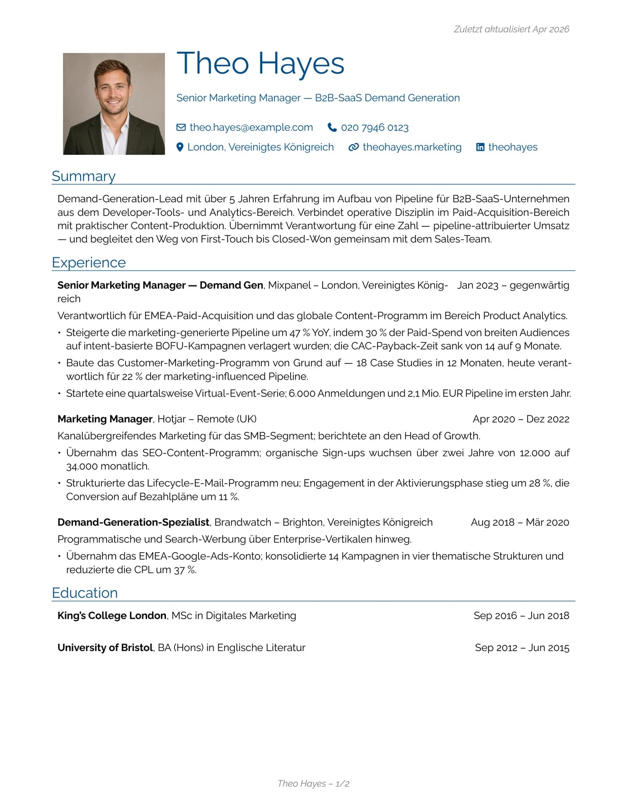 Marketing Manager sample CV — engineeringclassic theme