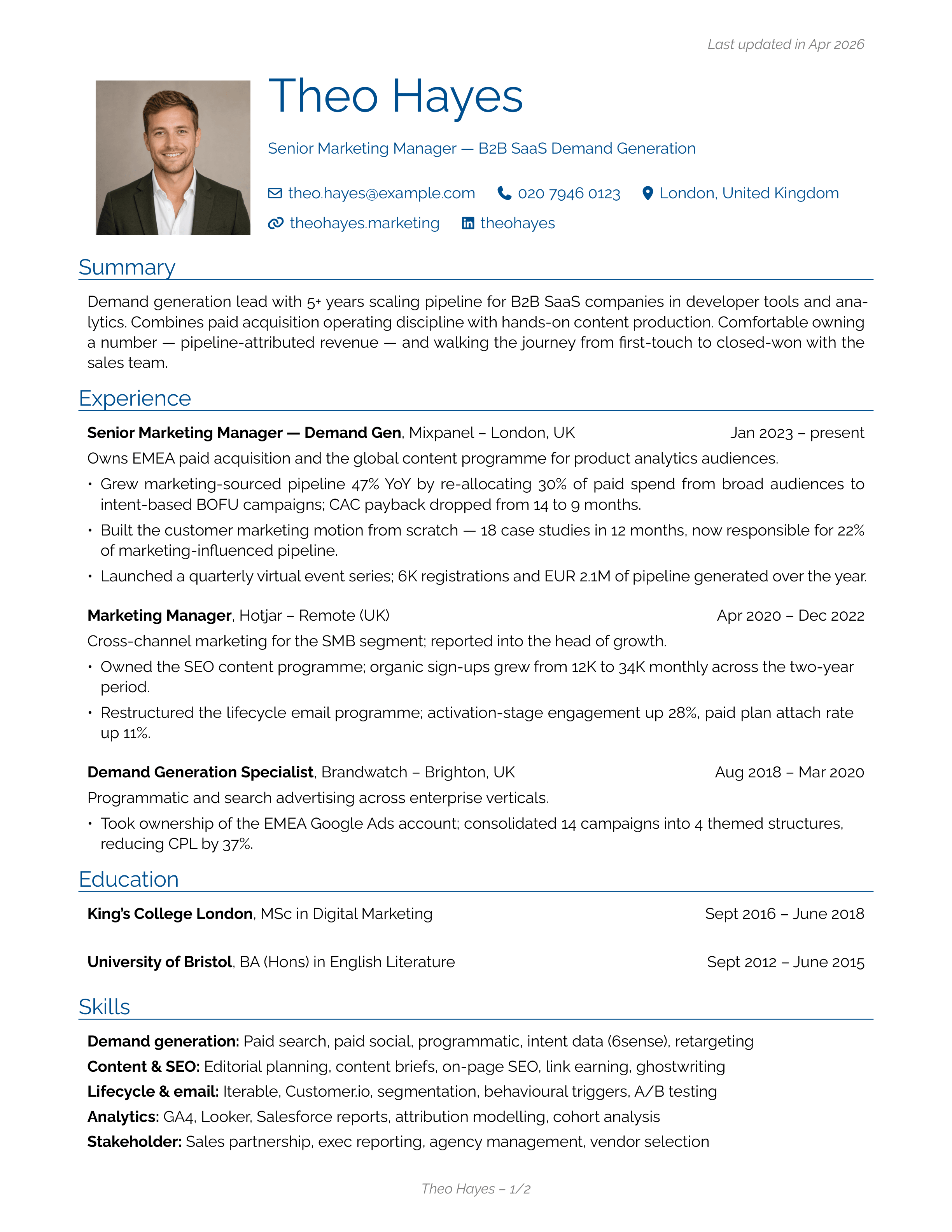 Marketing Manager sample CV — engineeringclassic theme