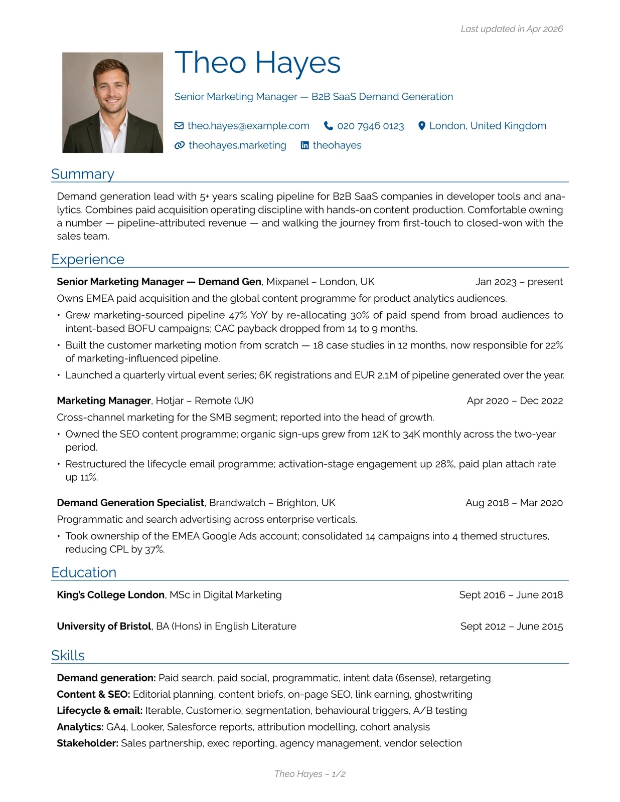 Marketing Manager sample CV — engineeringclassic theme
