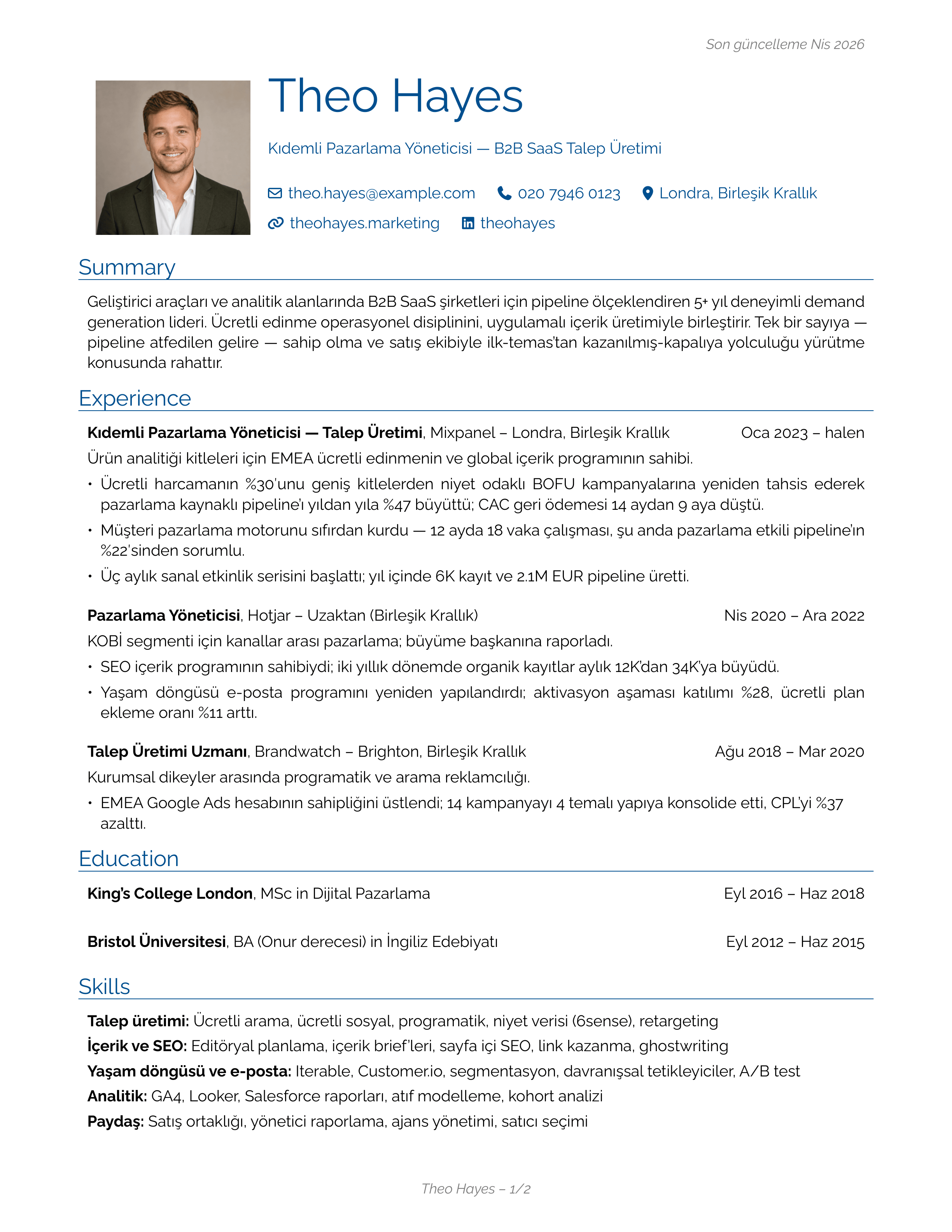 Pazarlama Yöneticisi sample CV — engineeringclassic theme