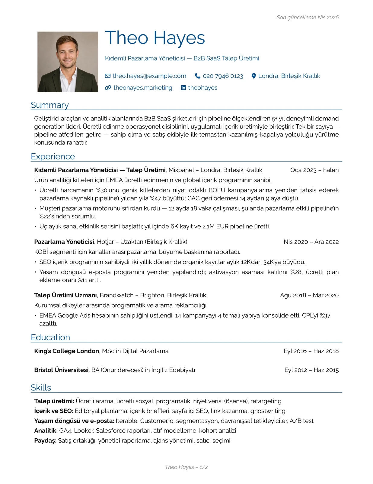 Pazarlama Yöneticisi sample CV — engineeringclassic theme