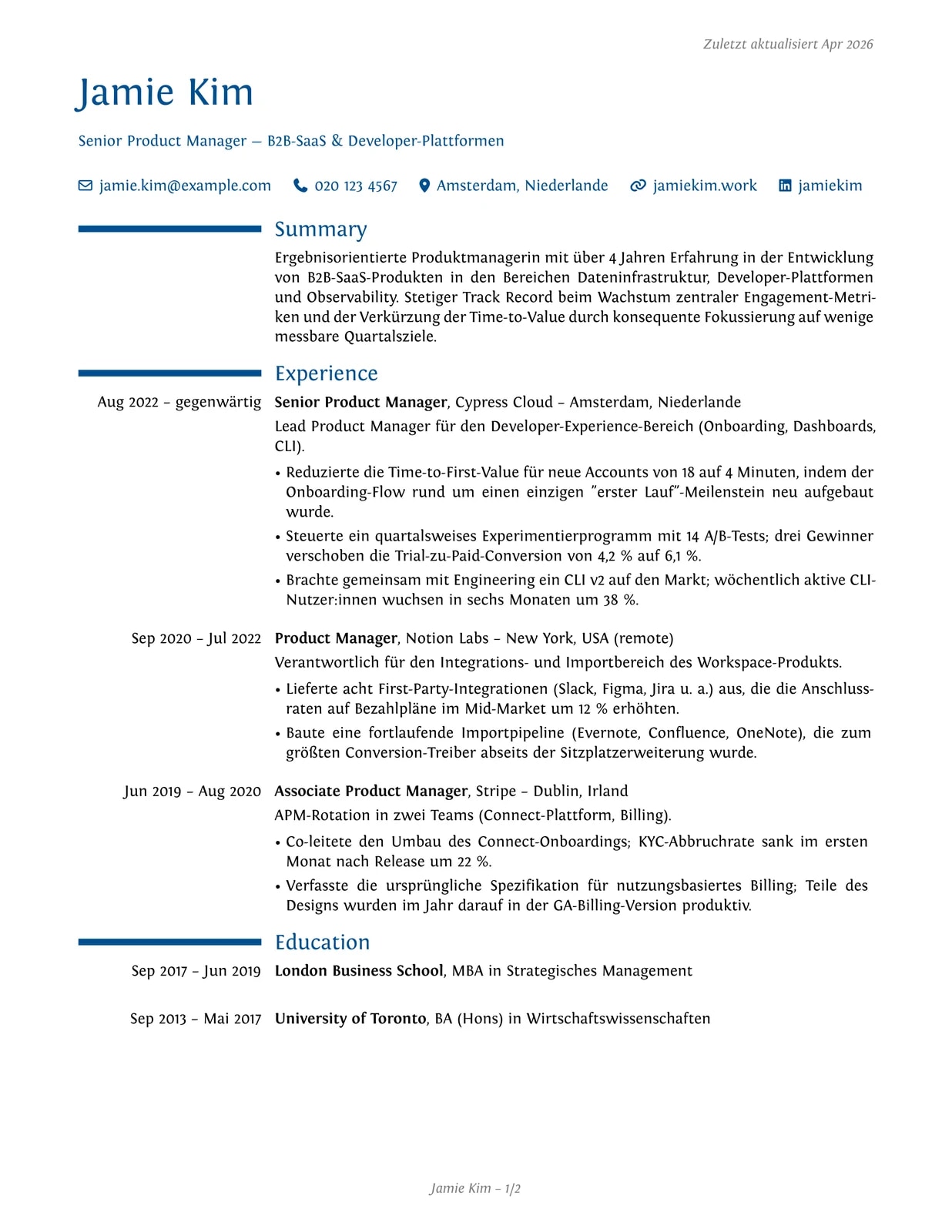 Product Manager sample CV — moderncv theme