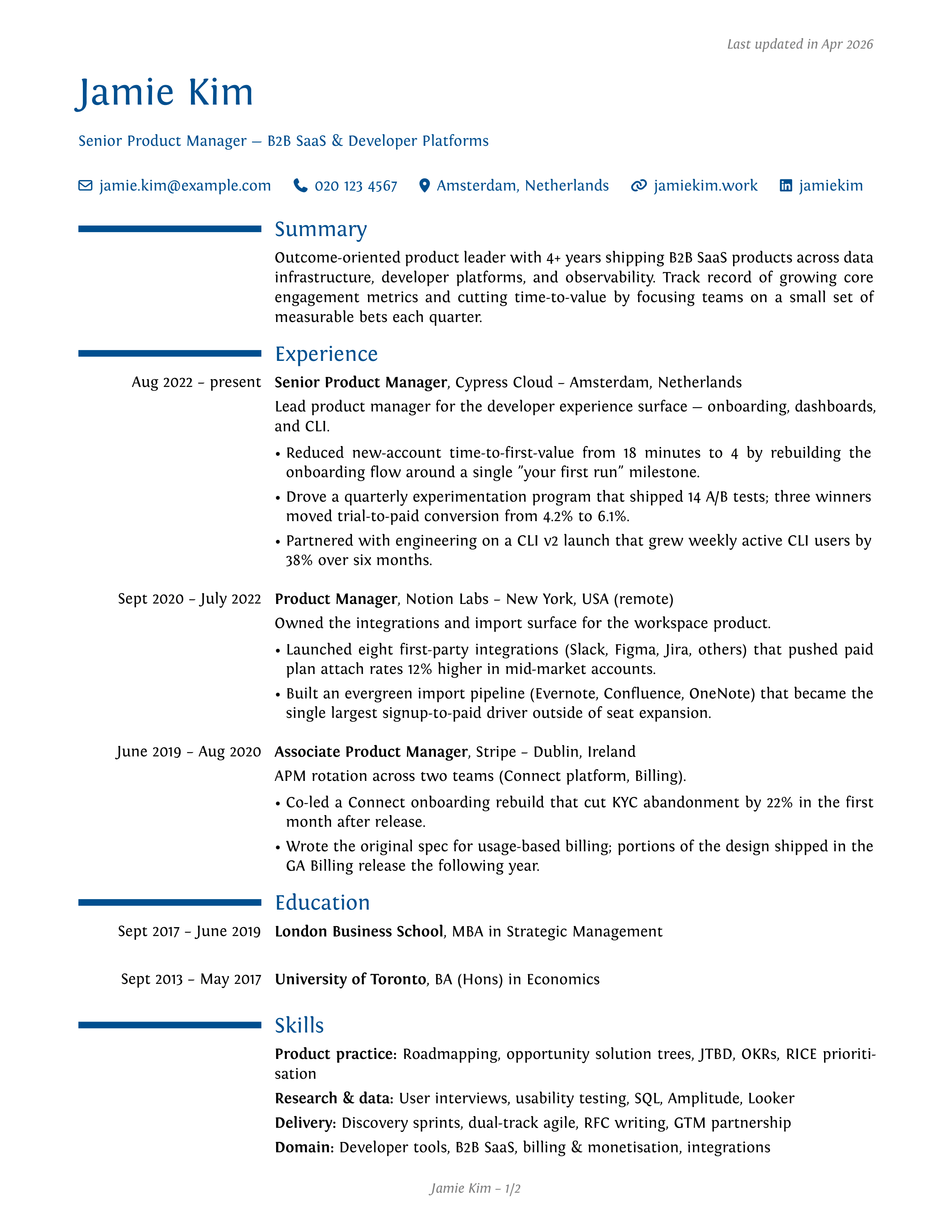 Product Manager sample CV — moderncv theme