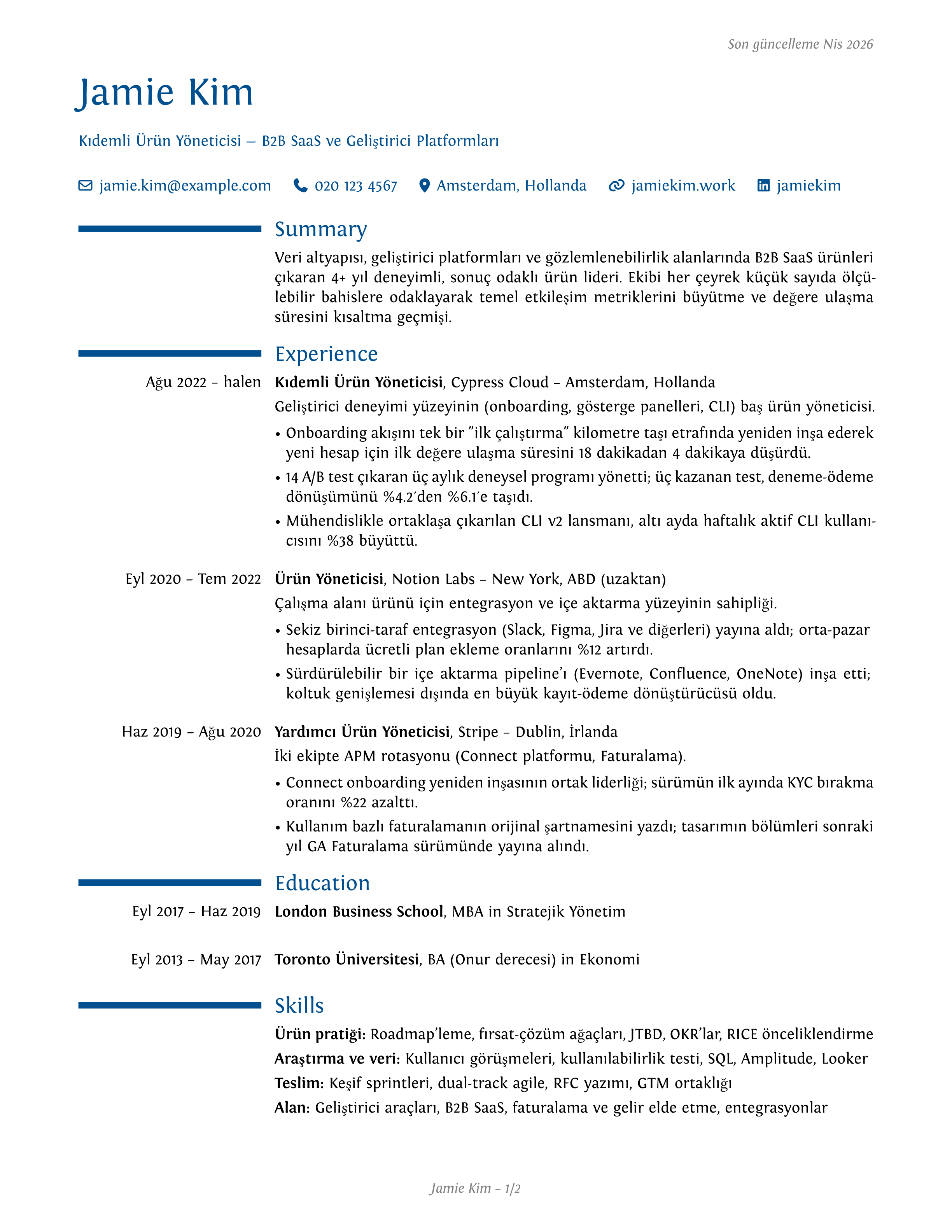 Ürün Yöneticisi sample CV — moderncv theme