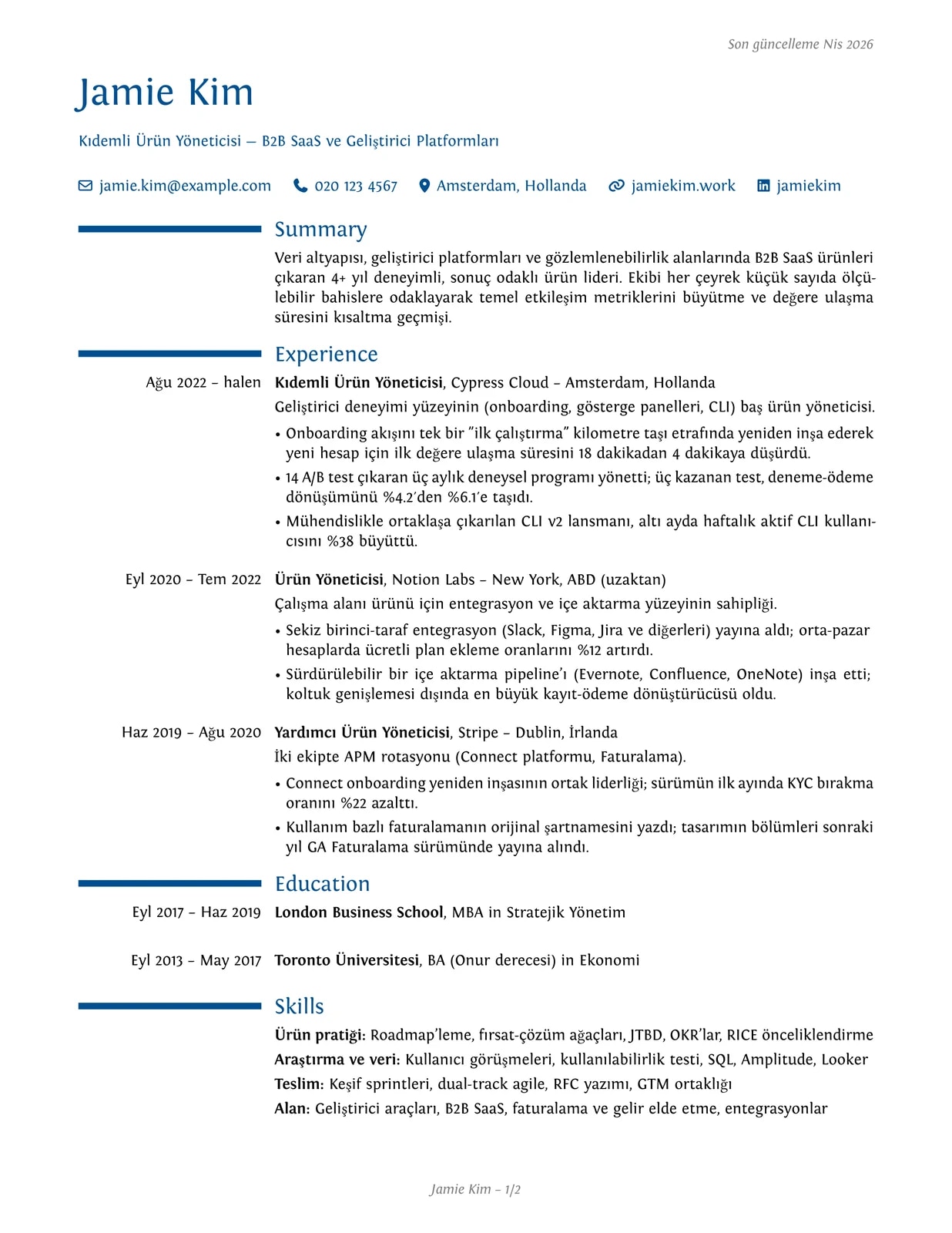 Ürün Yöneticisi sample CV — moderncv theme