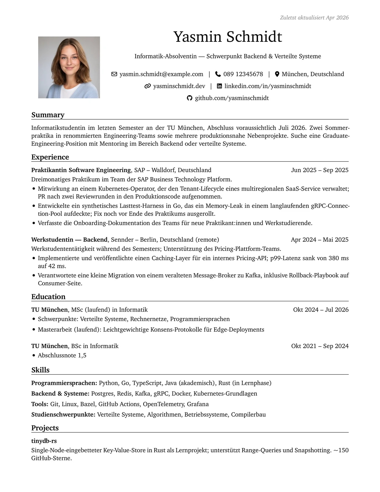 Absolvent · Student sample CV — engineeringresumes theme