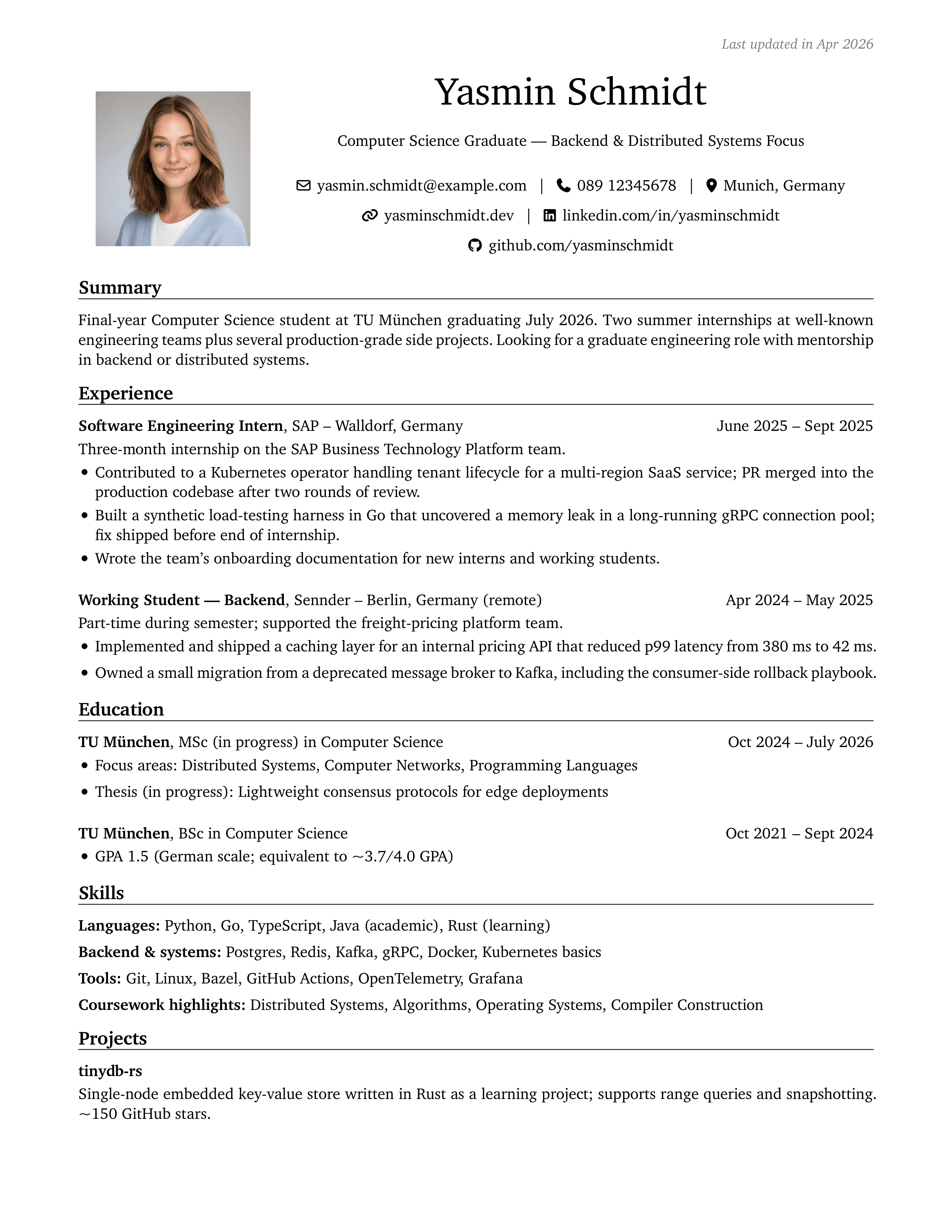 Graduate · Student sample CV — engineeringresumes theme