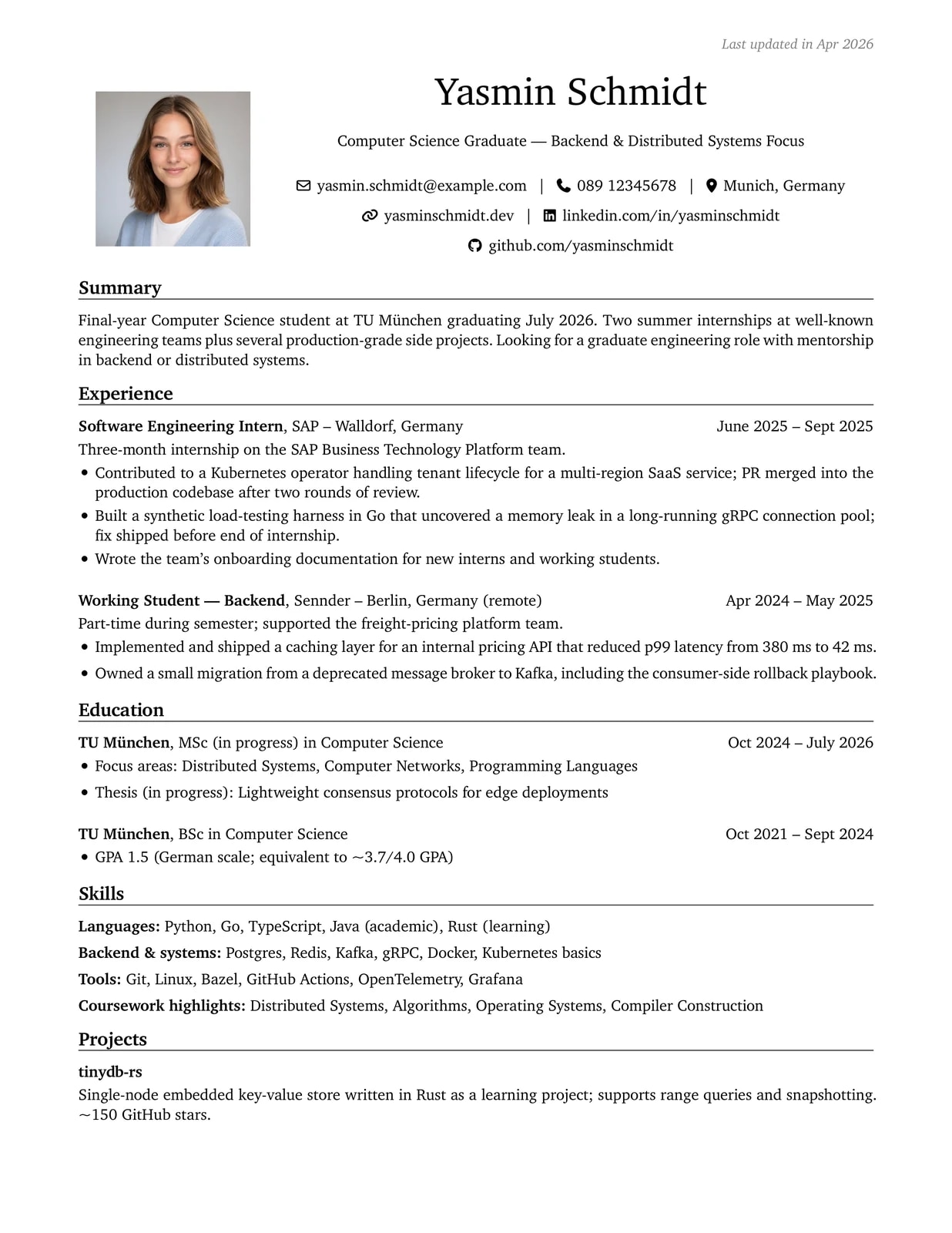 Graduate · Student sample CV — engineeringresumes theme
