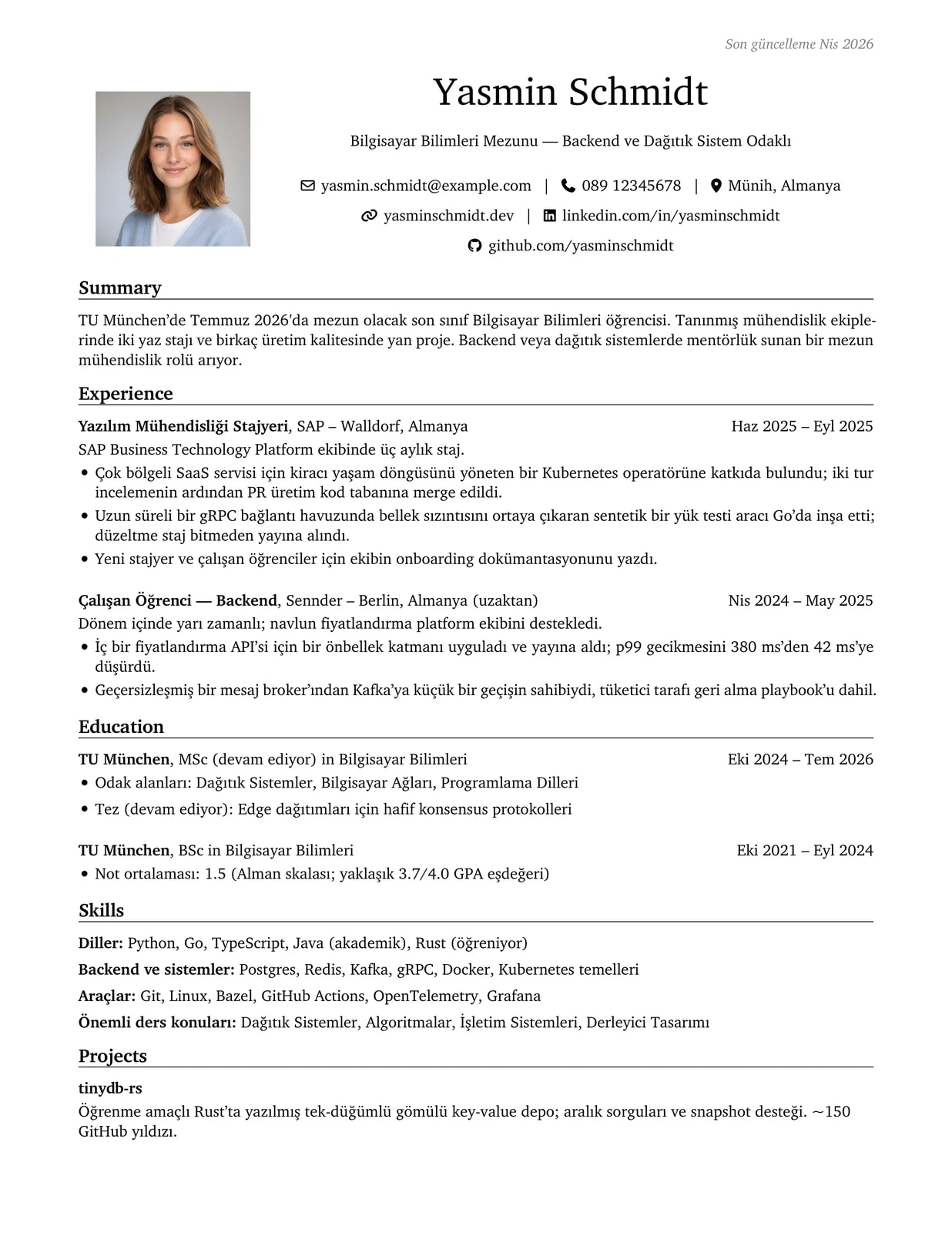 Mezun · Öğrenci sample CV — engineeringresumes theme