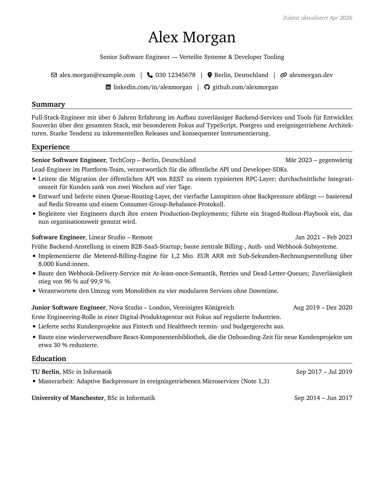 Software Engineer sample CV — engineeringresumes theme