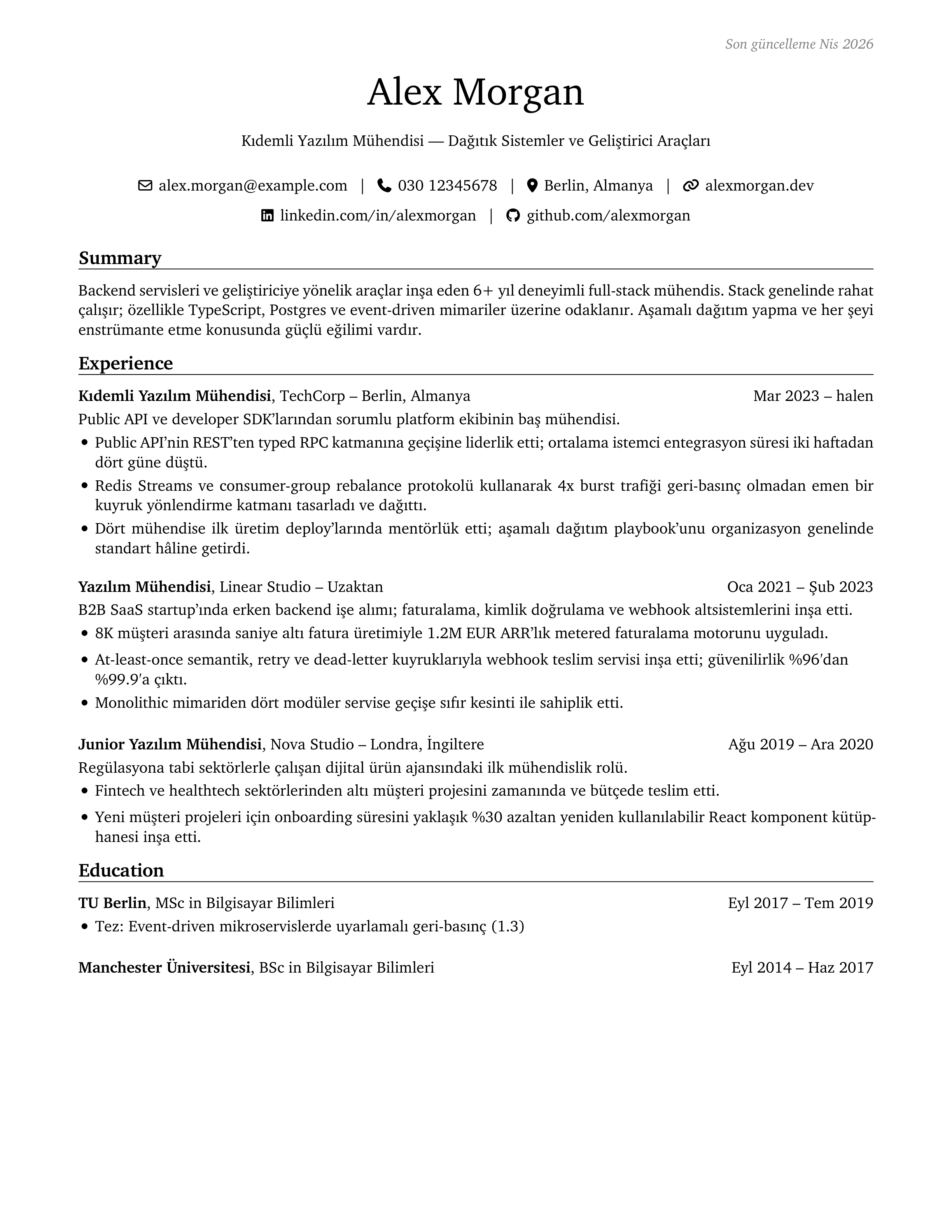 Yazılım Mühendisi sample CV — engineeringresumes theme