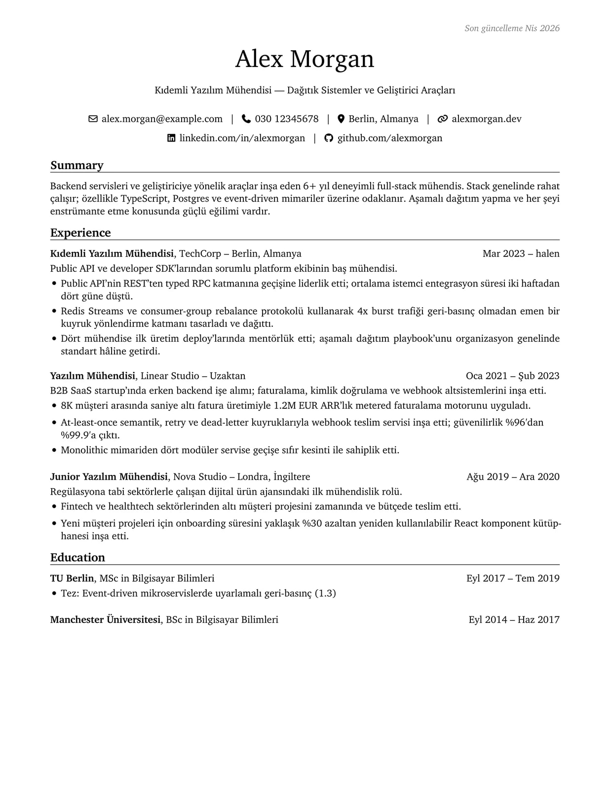 Yazılım Mühendisi sample CV — engineeringresumes theme