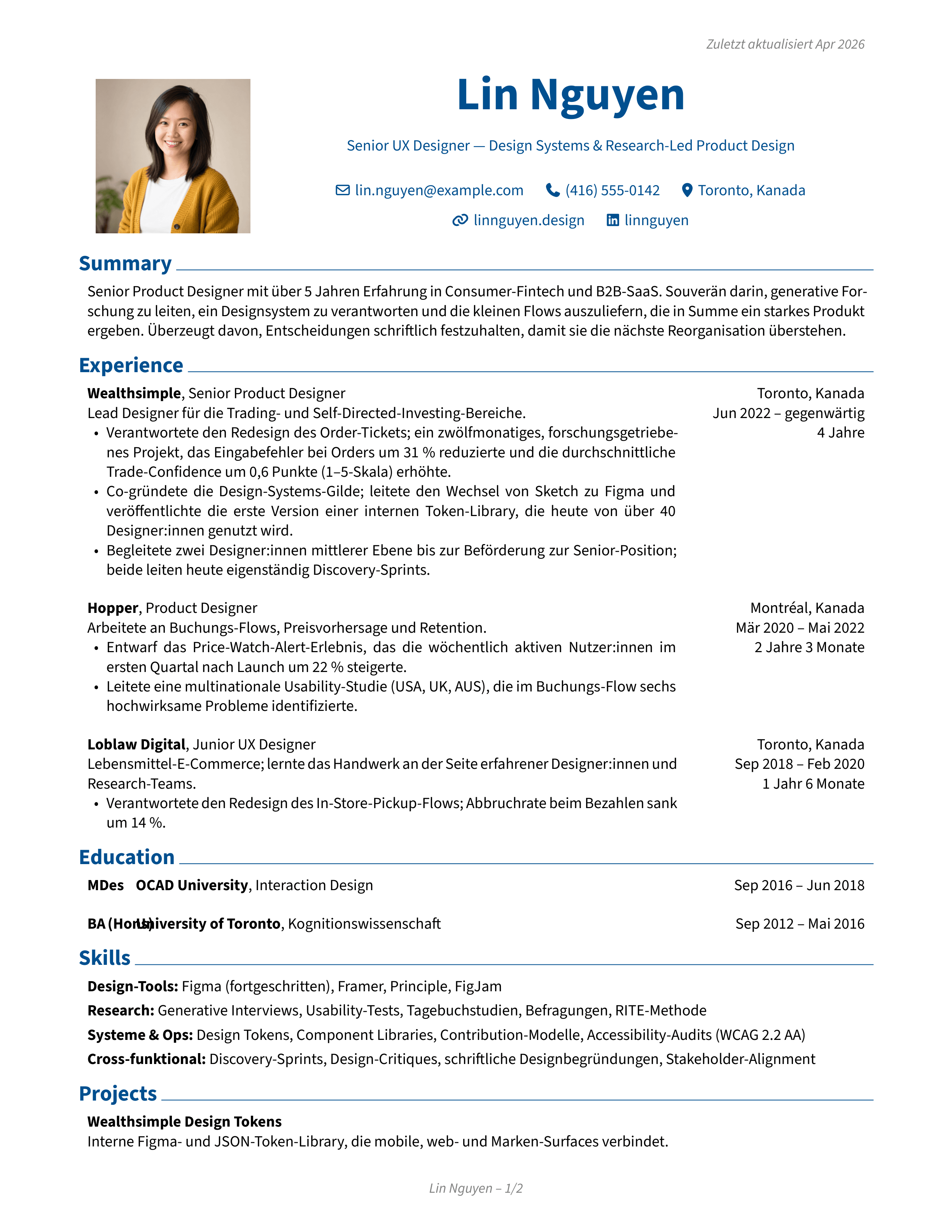 UX Designer sample CV — classic theme