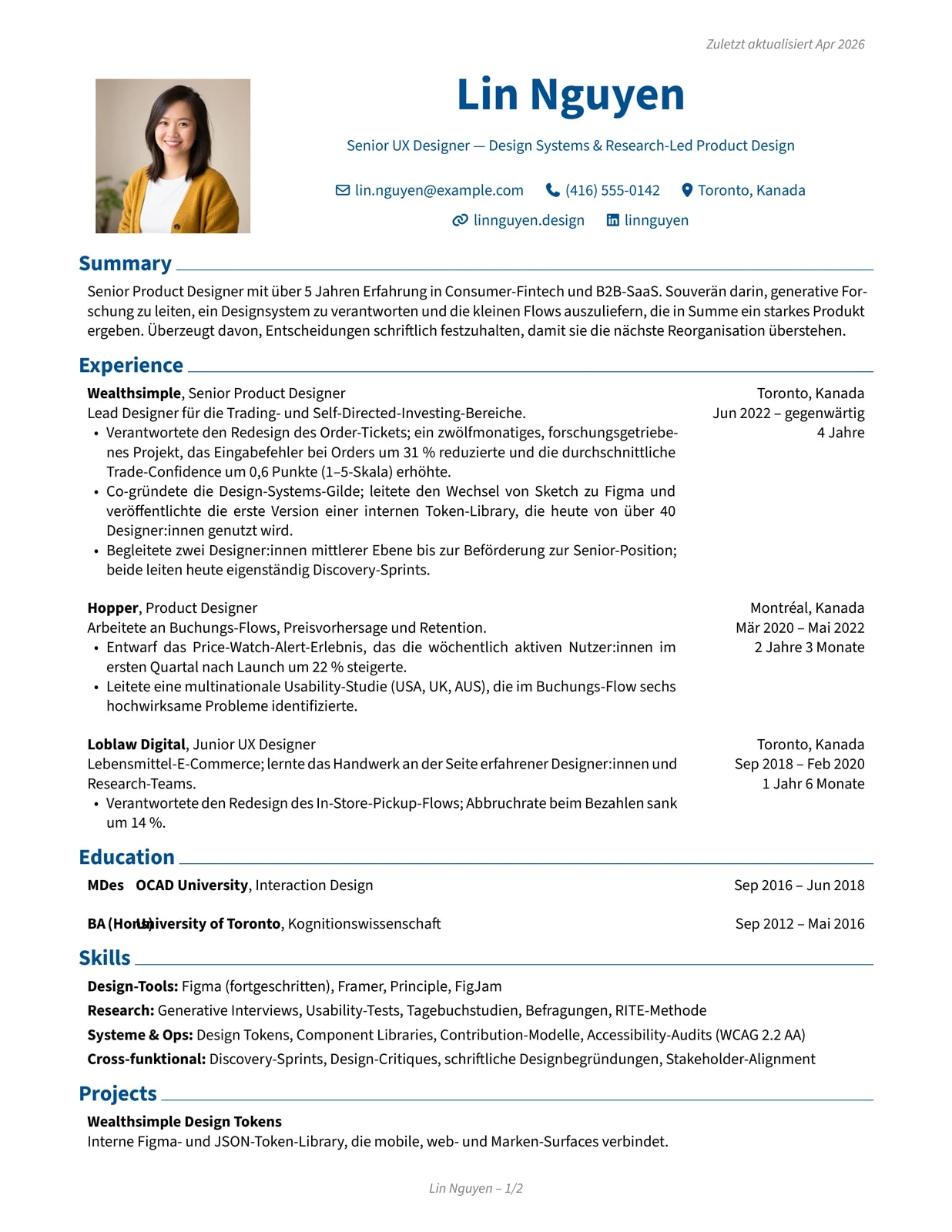 UX Designer sample CV — classic theme