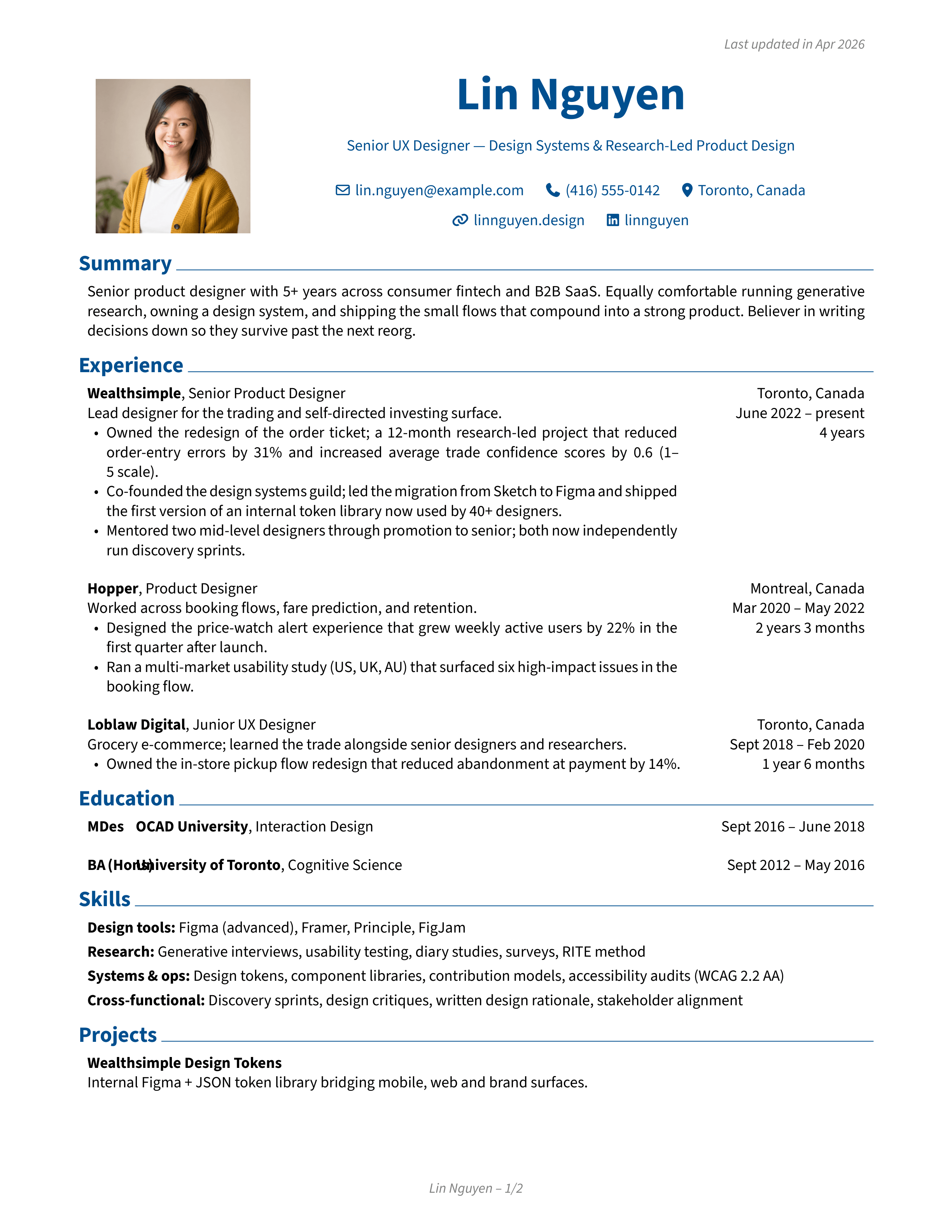UX Designer sample CV — classic theme