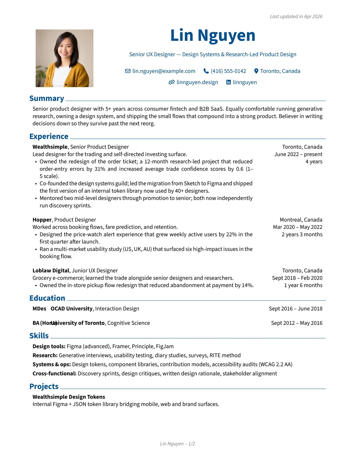 UX Designer sample CV — classic theme
