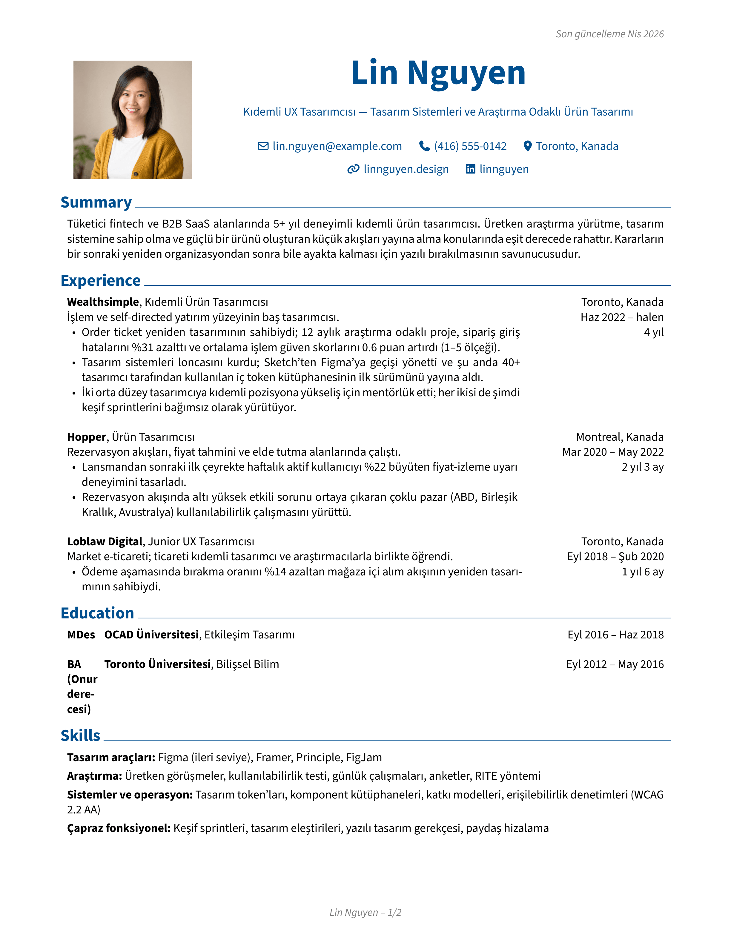 UX Tasarımcısı sample CV — classic theme