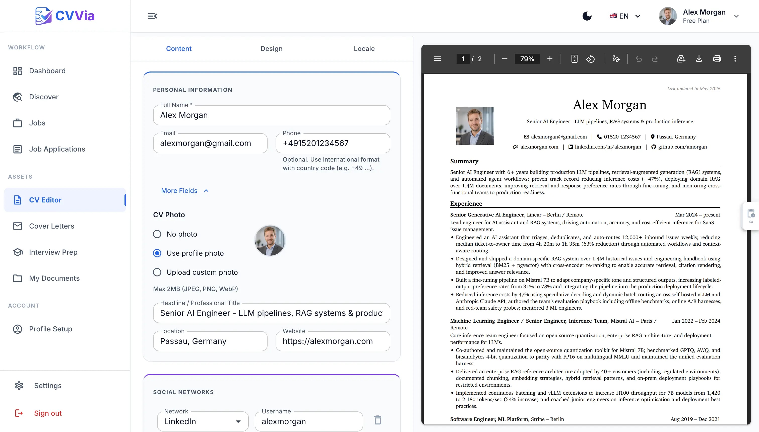 CVVia Tailored CV editor — Alex Morgan, Product Engineer at Stripe with ATS score 94